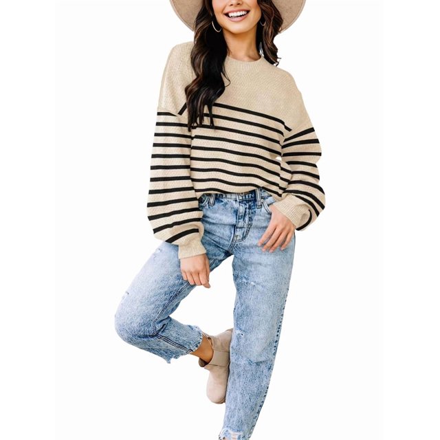 Suéter Holgado de Otoño para Mujer, Moderno Jersey de Punto A Rayas con Mangas Murciélago y Bloques de Color. Camello Rayado L
