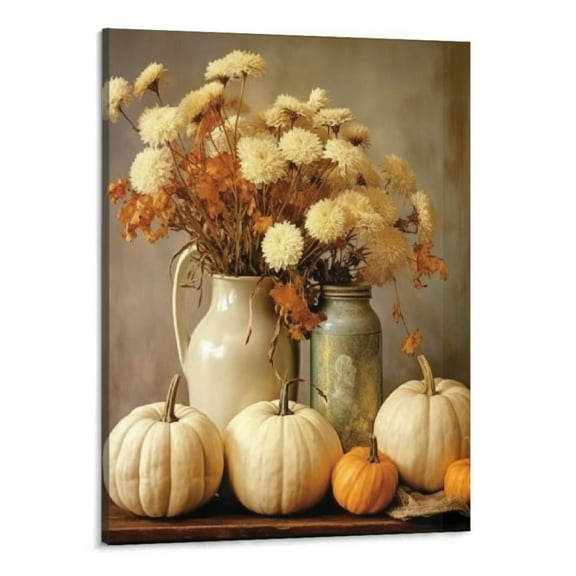 Creowell Fall Wall Decor White Pumpkins Still Life Painting Rustic Vintage Poster Canvas Wall Art Picture Print Bedroom Decor Office Room Decor Aesthetic Gift -16x20 in