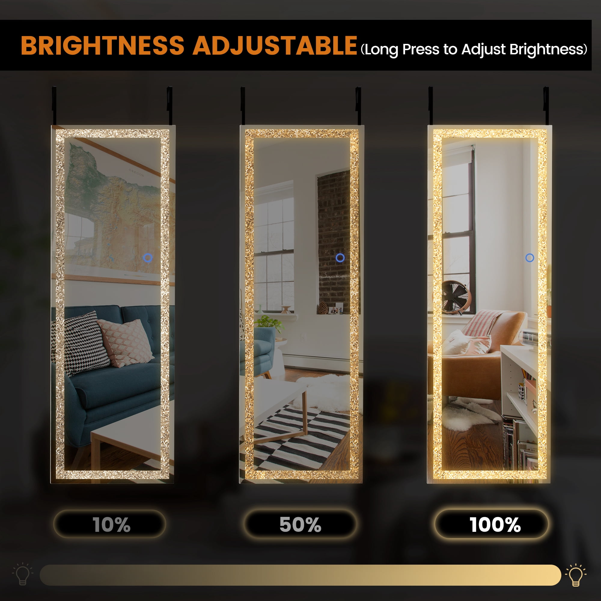 47"x16" Mordern Rectangle Hanging LED Mirror Door Mirror Vanity Mirror with Diamond,Silver