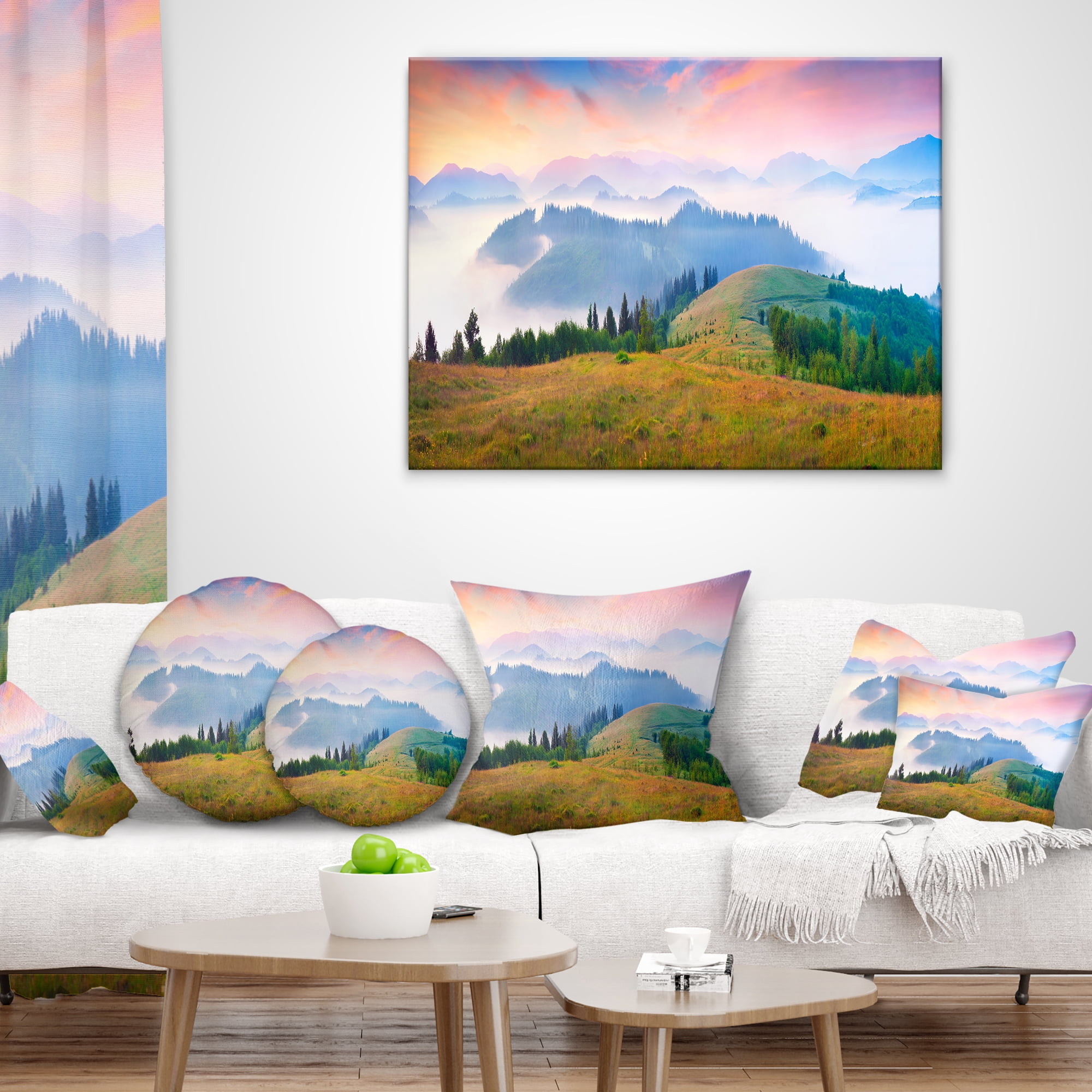 Designart Foggy Carpathian Panorama - Landscape Photo Throw Pillow - 18x18
