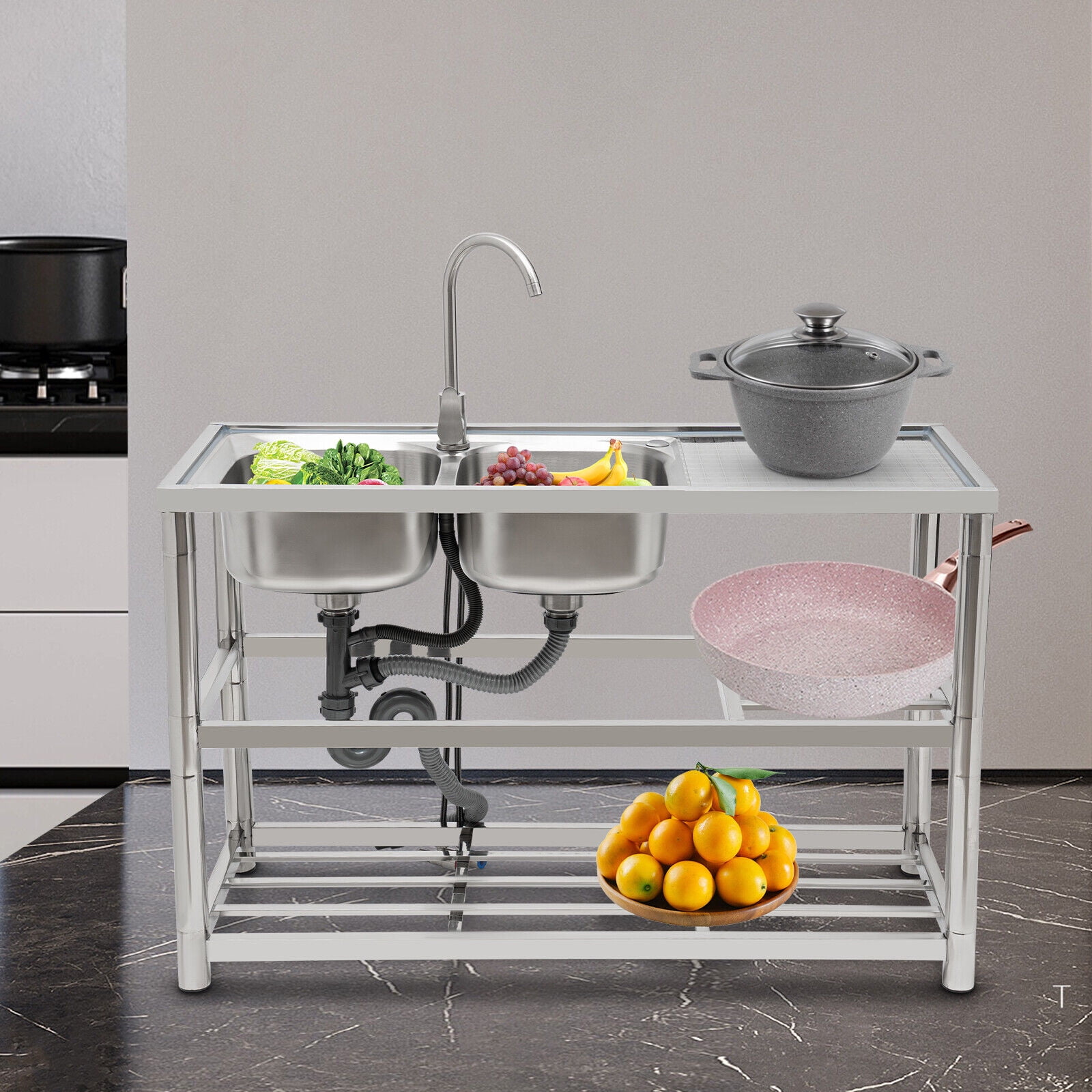 Double-Bowl Sink,Commercial Freestanding Kitchen Sink Stainless Steel Utility Sink ,2*Water Inlet Pipes
