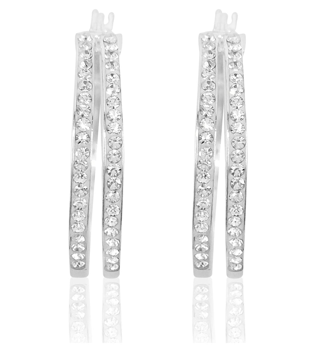 Brilliance Fine Jewelry Women's Rhodium Plated Sterling Silver Classic 2 Row Crystal Round Hoop Adults Earring