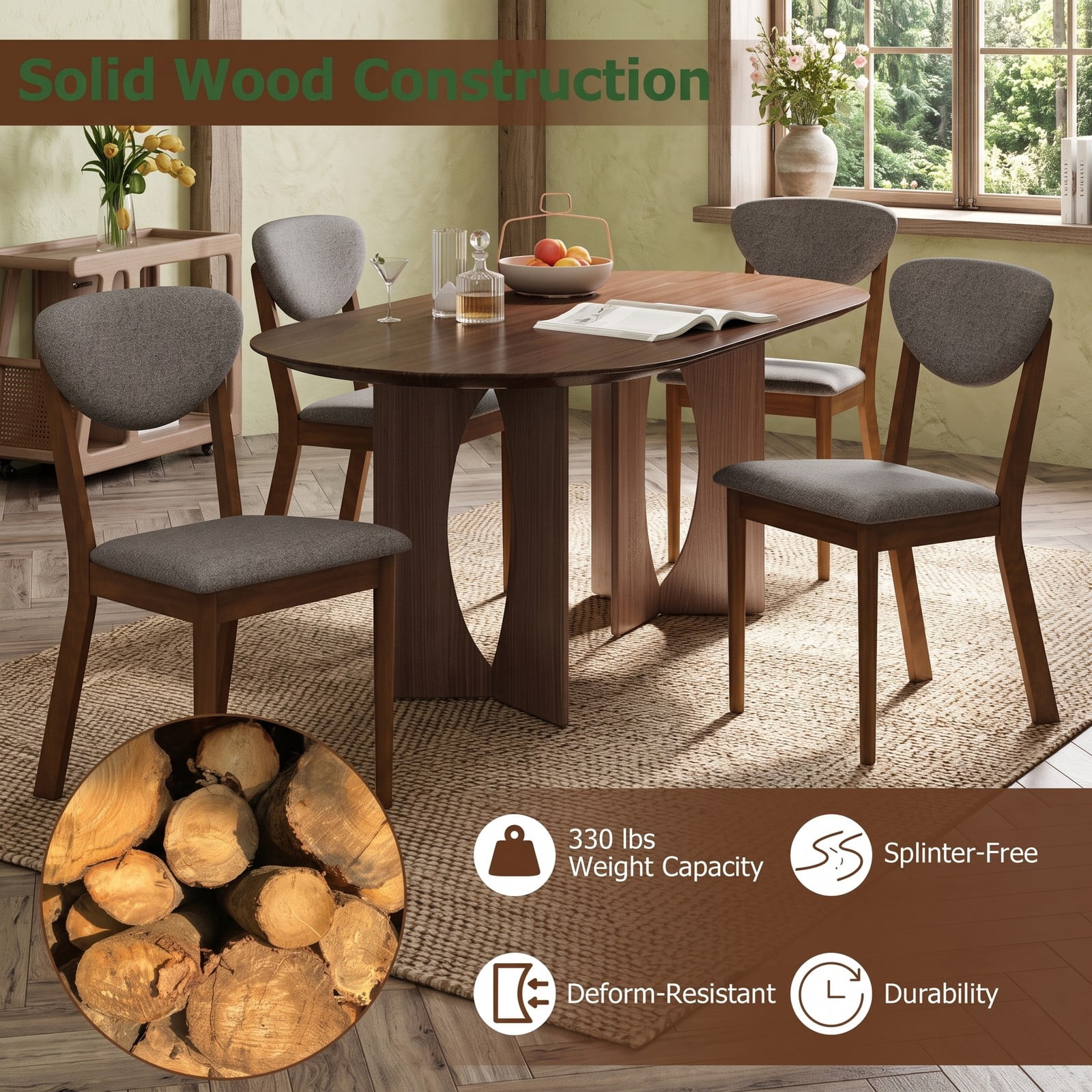 Furnibear Wooden Dining Chairs Set of 4, Upholstered Side Chairs with Cushioned Linen Seat and Curved Backrest, Solid Rubber Wood Frame, 330 lbs Capacity for, Gray
