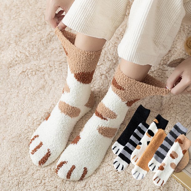 Worallymy mujeres lindos calcetines dibujos animados gato pata invierno Coral vellón terciopelo grueso hogar cálido dormir calcetines Worallymy JD735815424
