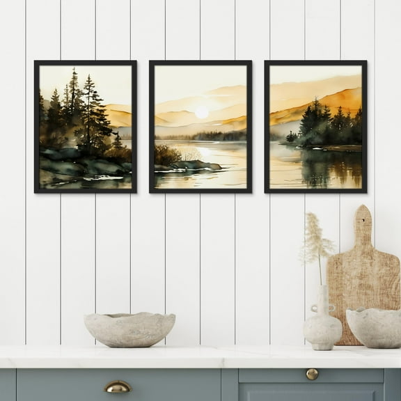 PixonSign Framed Canvas Print Wall Art Set - Alpine Dawn Watercolor Mountain Range Landscape Posters - Set of 3 Nature Farmhouse Decor Vintage Pastel Wall Décor for Living Room - 8"x10" Black