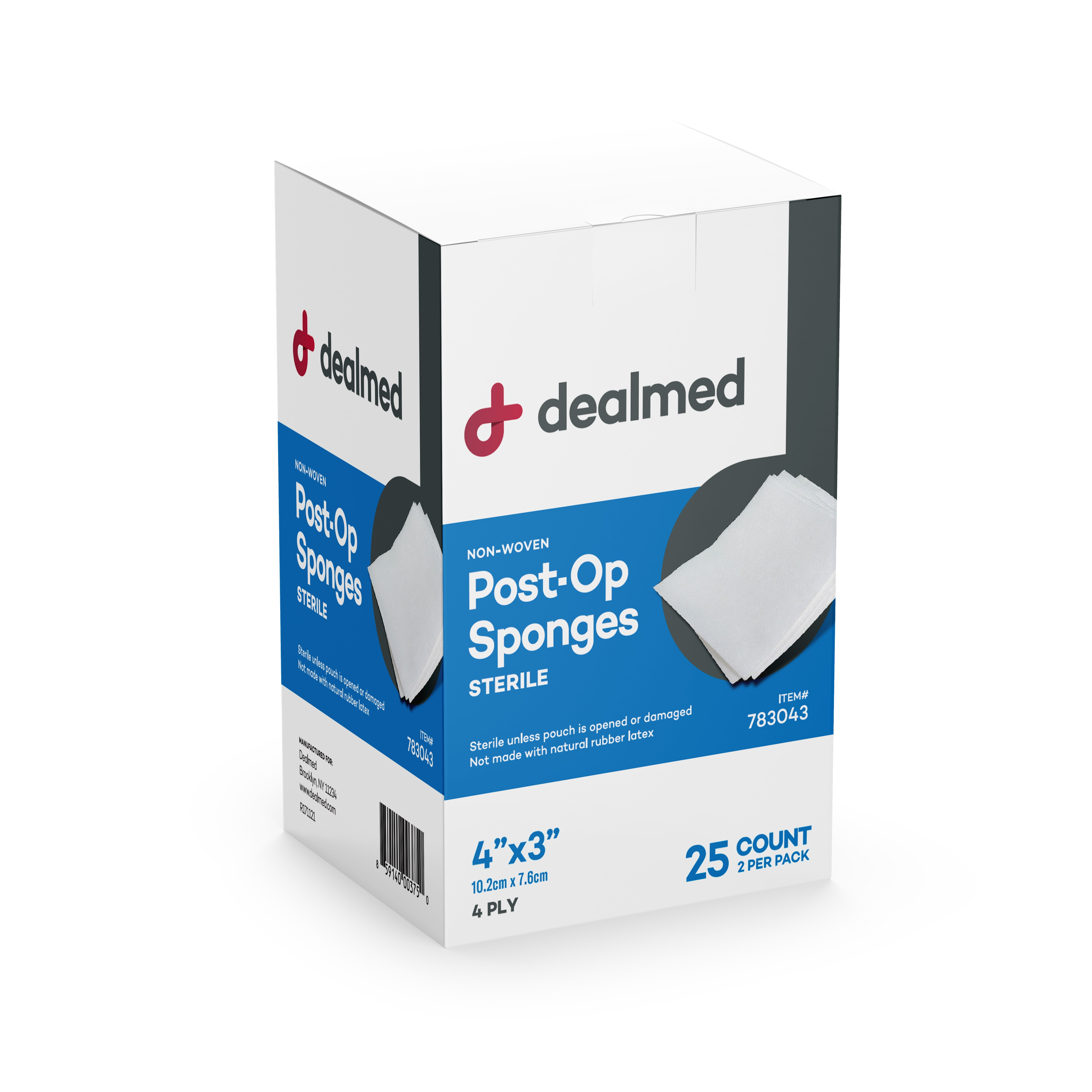 Dealmed 4" x 3" Sterile Post-Op Gauze Sponges 2's, 4 Ply, 25/Box (Case of 24)