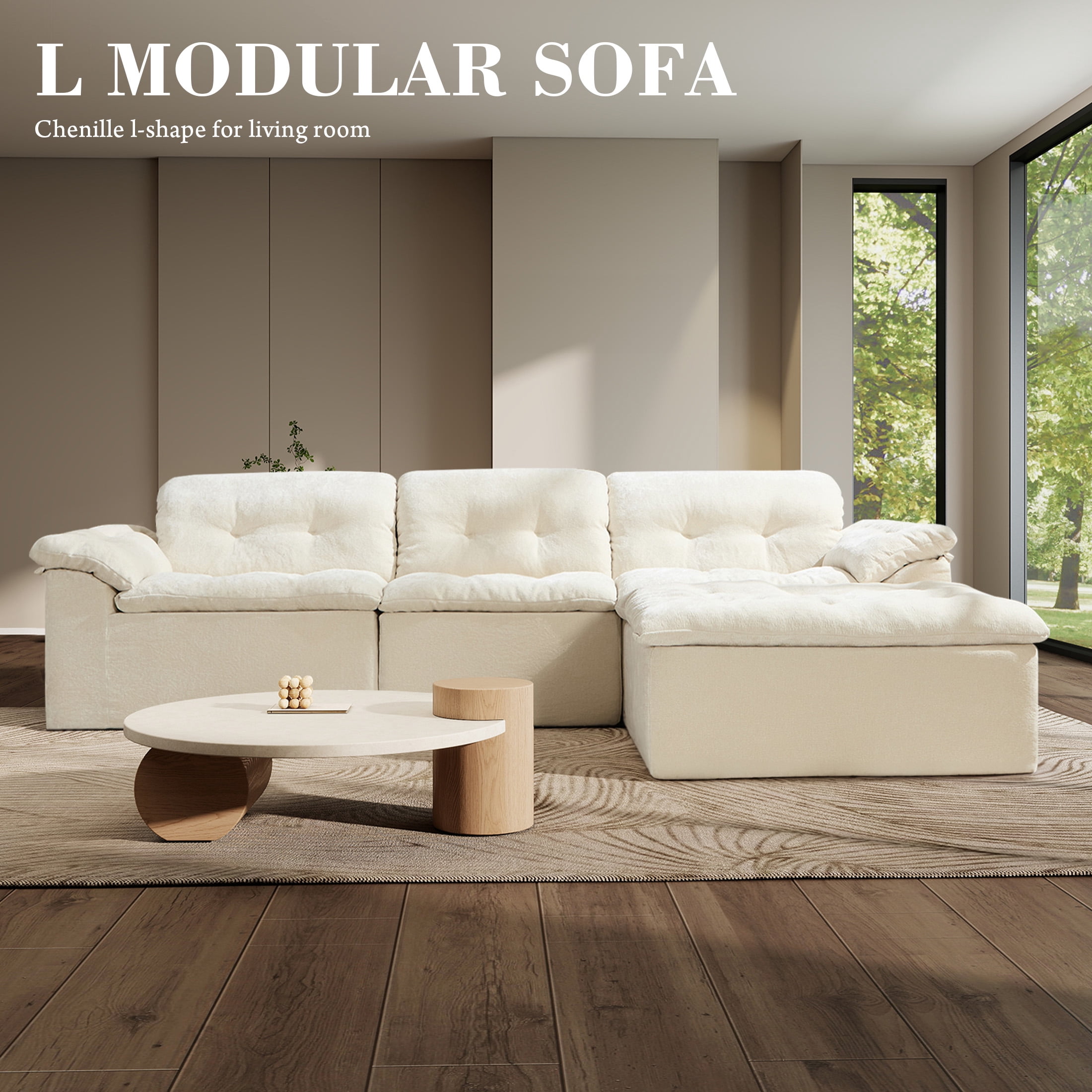 Aukfa 4-Piece L-Shaped Modular Sectional Sofa with Ottoman for Living Room, Ice Flower Chenille, White