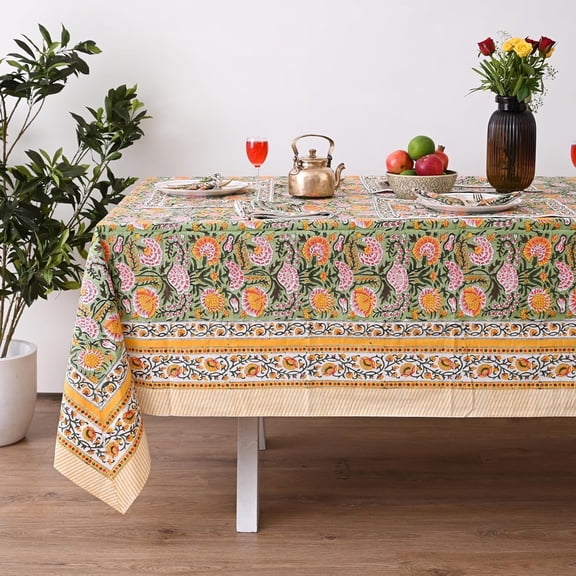 Hand Block Printed Tablecloth, Colorful Floral Print, Indian Artisan Handmade Art, Dining Room, Kitchen, Outdoor Party Decor, 100% Cotton, (Daisy Sunshine, 12 Seater 72 x 135 Inches Rectangle)