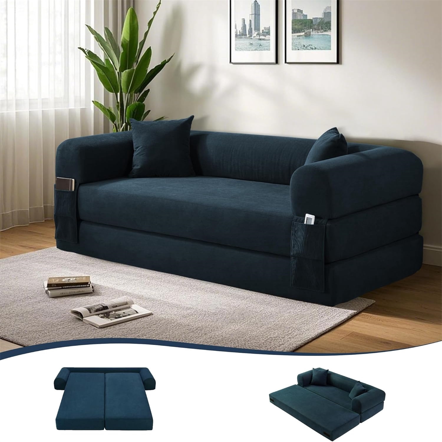 3 in 1 Convertible Sofa Bed, 80" Corduroy Folding Pull Out Couch with 2 Pillows, Floor Sofa with Side Storage for Living Room, No Assembly Modern Boneless Couch Compression Sofa, 35.4"W