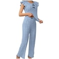 thumbnail image 3 of RongHuan Womens Pajama Set Eyelet Lace Ruffle Sleeve Top and Long Pants 2 Piece Cute Solid Color Sleepwear with Bowknot, 3 of 8