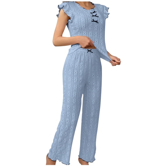 Vibrex Lounge Sets for Women,Women’s Fashion Round Neck Lace Bow Pocket Short Sleeves Trousers Pajama Sets Pajamas Set Oversized 2 Piece Outfits