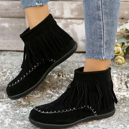 

Fitoron Winter Boots for Women Comfort Suede Cowgirls Boots Flat Tassels Ankle Boots Christmas Gift- Black 5.5