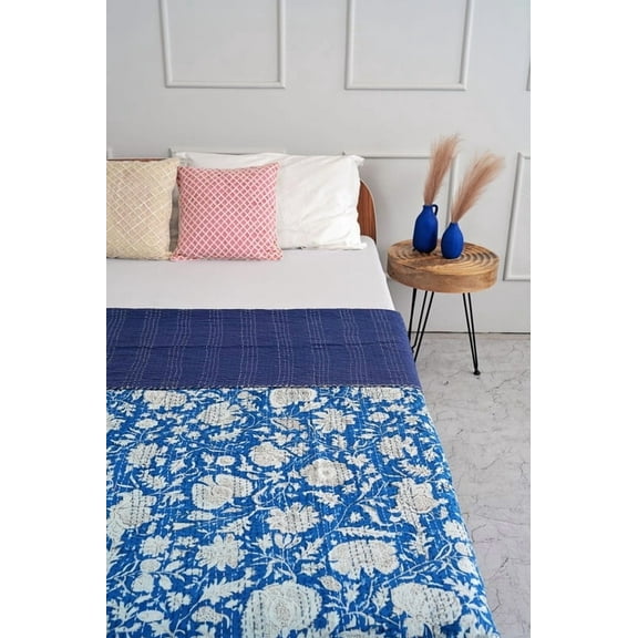 Blue Minimalist Boho Leafy Cotton Queen Kantha Quilt