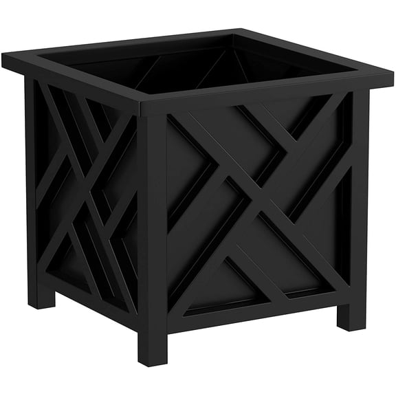 Lattice Design Planter Box – 14.75-Inch-Square Decorative Outdoor Flower or Plant Pot – Front Porch, Patio, and Garden Decor (Black)