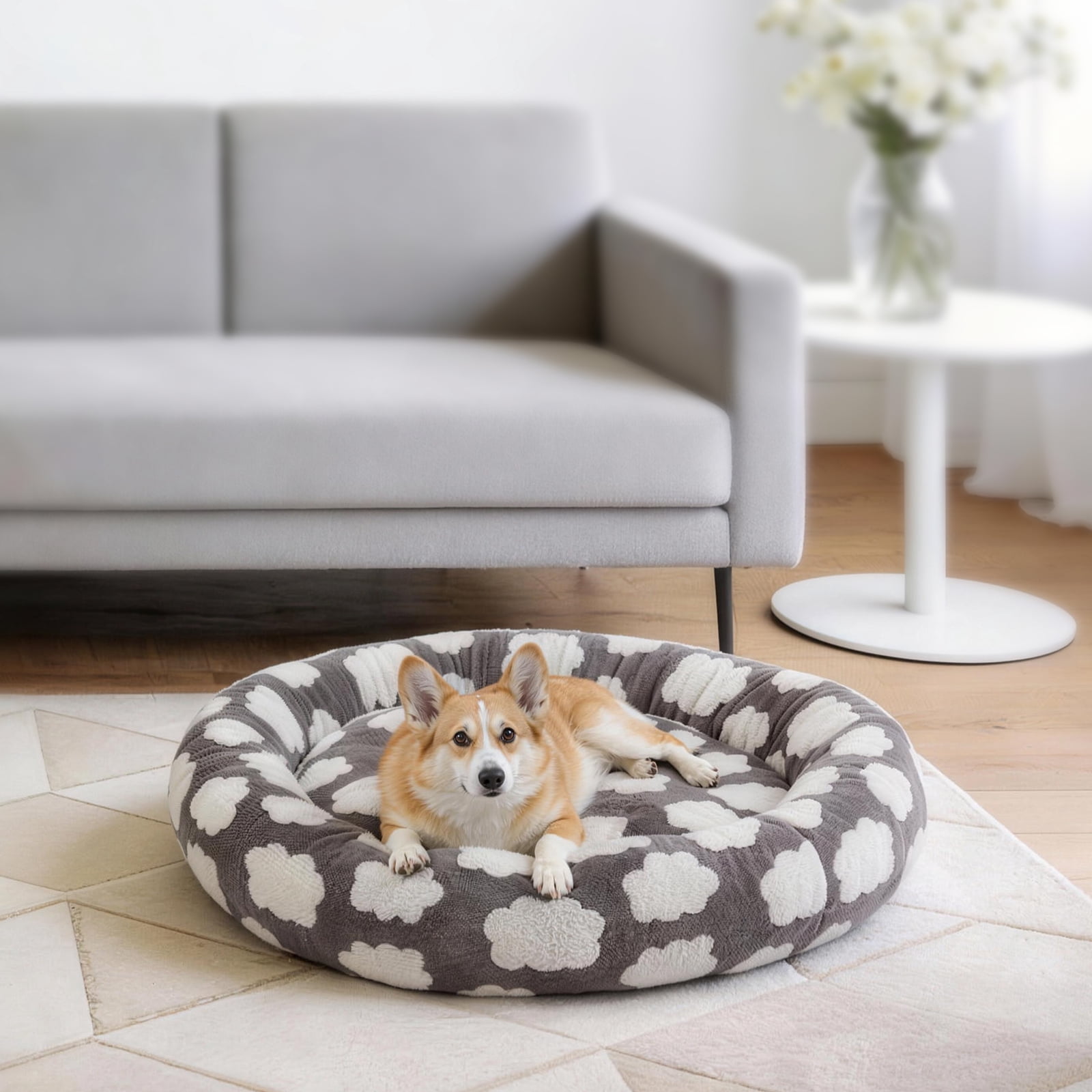 Donut Dog Bed Medium, Calming Round Pet Bed for Dogs and Cats, Washable Jacquard Plush Cover with Non-Slip Bottom, Indoor Cat Bed, Gray, 30"x30"x8"