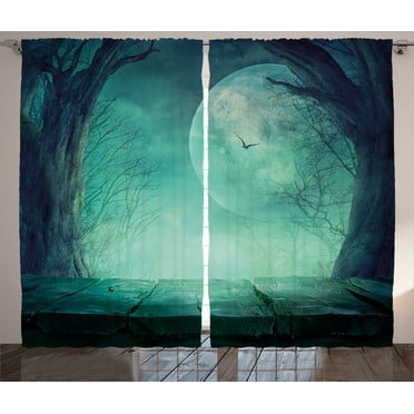 Ambesonne Teal Curtains 2 Panel Set, Spooky Forest Halloween, 108" x 84", Teal