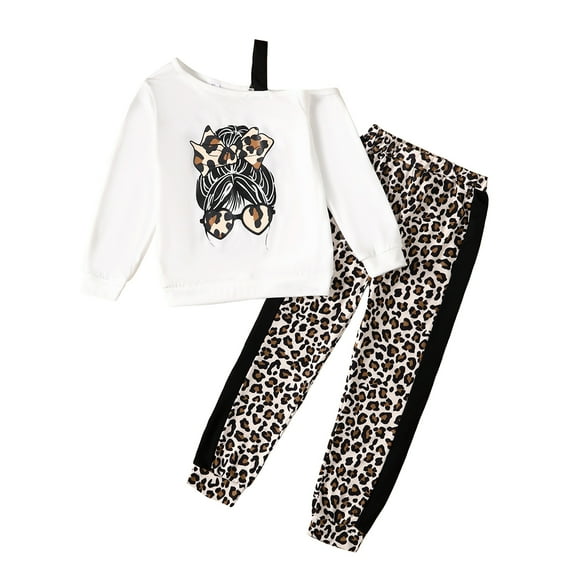 10Y Big Girls Clothes 10Y Girls 2PCS Outfits Set One-shoulder Big Girls Long Sleeve Top Leopard Pants Set White