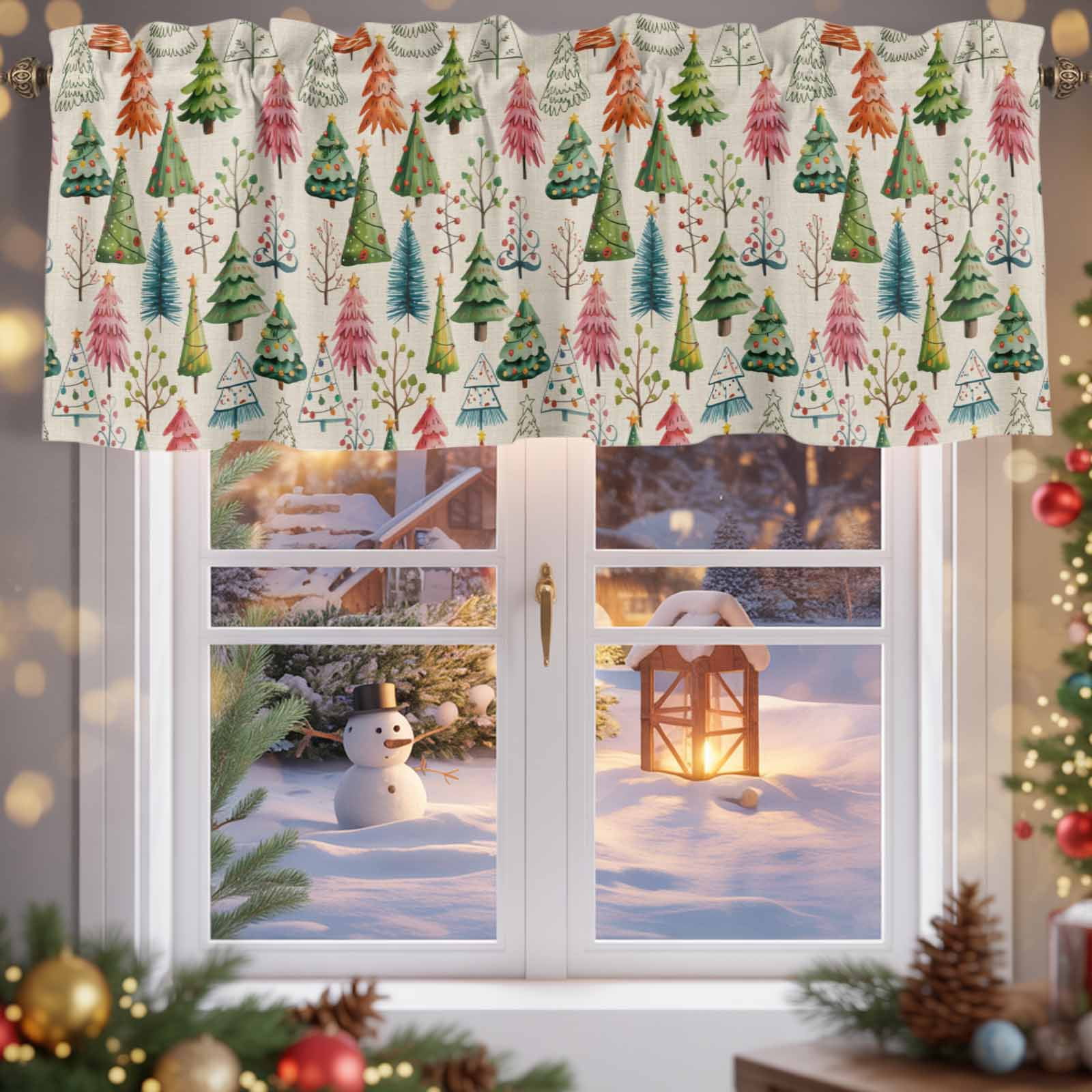 Vintage Christmas Tree Valances for Windows,Kitchen Valance Rod Pocket Short Curtain,Winter Plant on Linen Valance Curtain Window Valances for Bedroom 54x18in