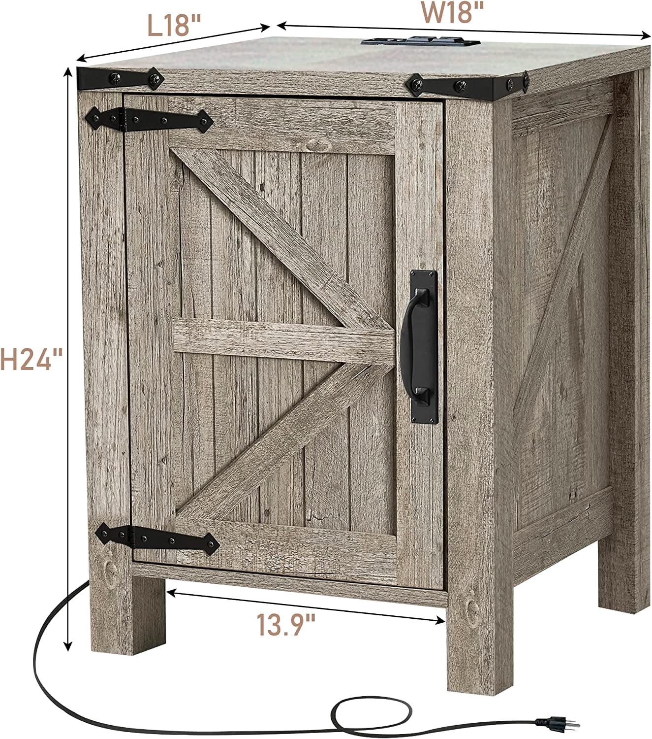 OKD End Table with Charging Station, Farmhouse Rustic Wood Side Table for Living Room, Bedroom, Light Rustic Oak