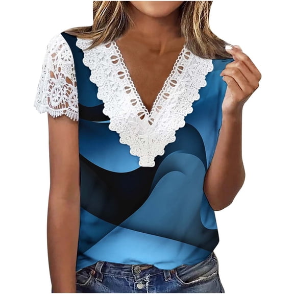 cocolona Summer Tops for Women Lace Short Sleeve V Neck T-shirt Fashion Casual Floral Print Tees Loose Tunic Blouses