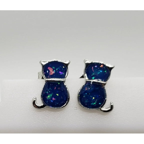 Cat Blue Opal Silver Earrings