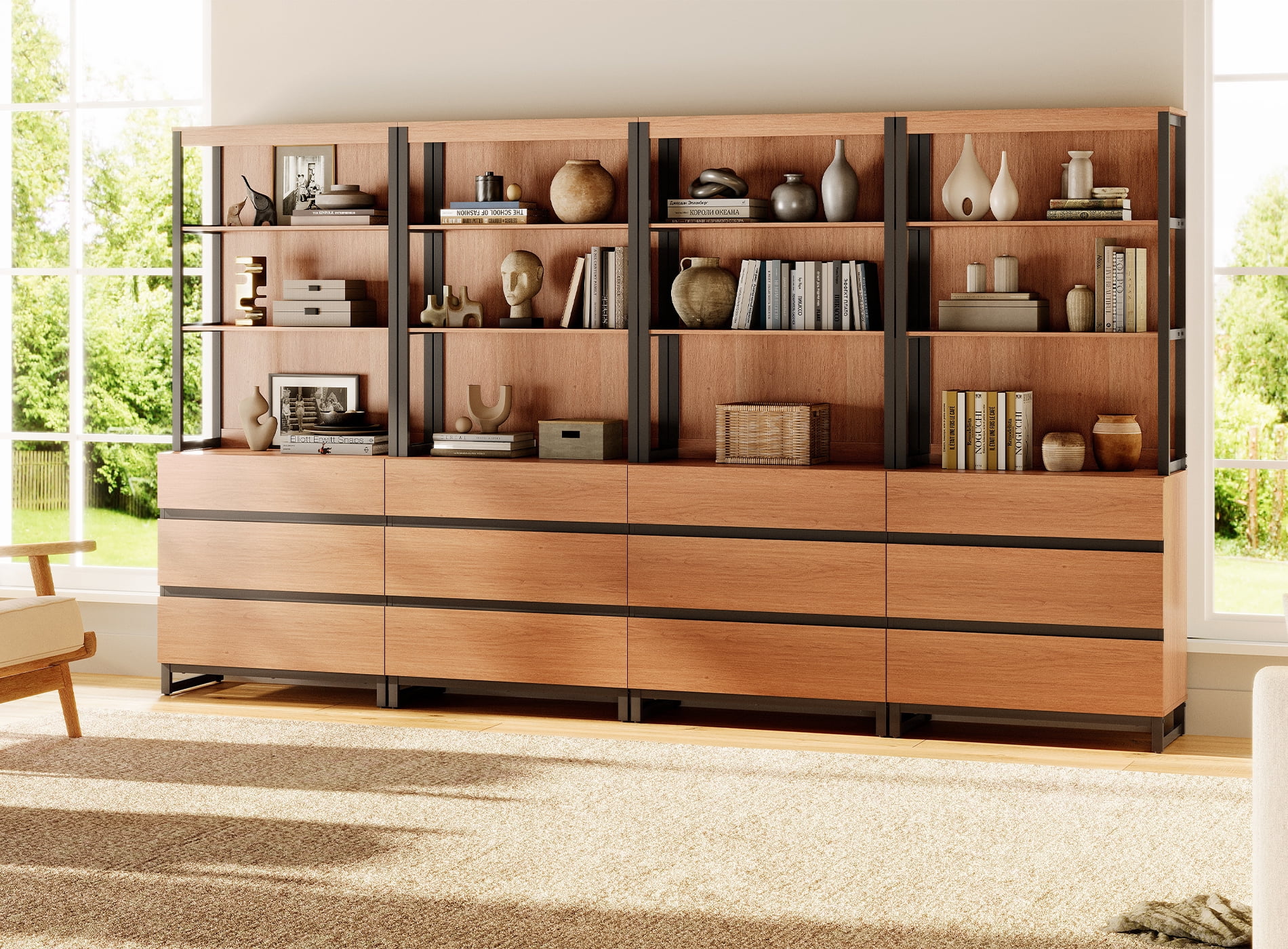 WAMPAT 4-Piece Modern 72" Tall Freestanding Bookcase，12 Drawers, Open Shelves & Storage Cabinet with Metal Base，Wood Library Bookshelf for Home Office & Living Room