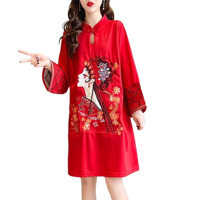 Vestido Qipao para dama, holgado, versátil, moderno, chino, para ir de compras rojo