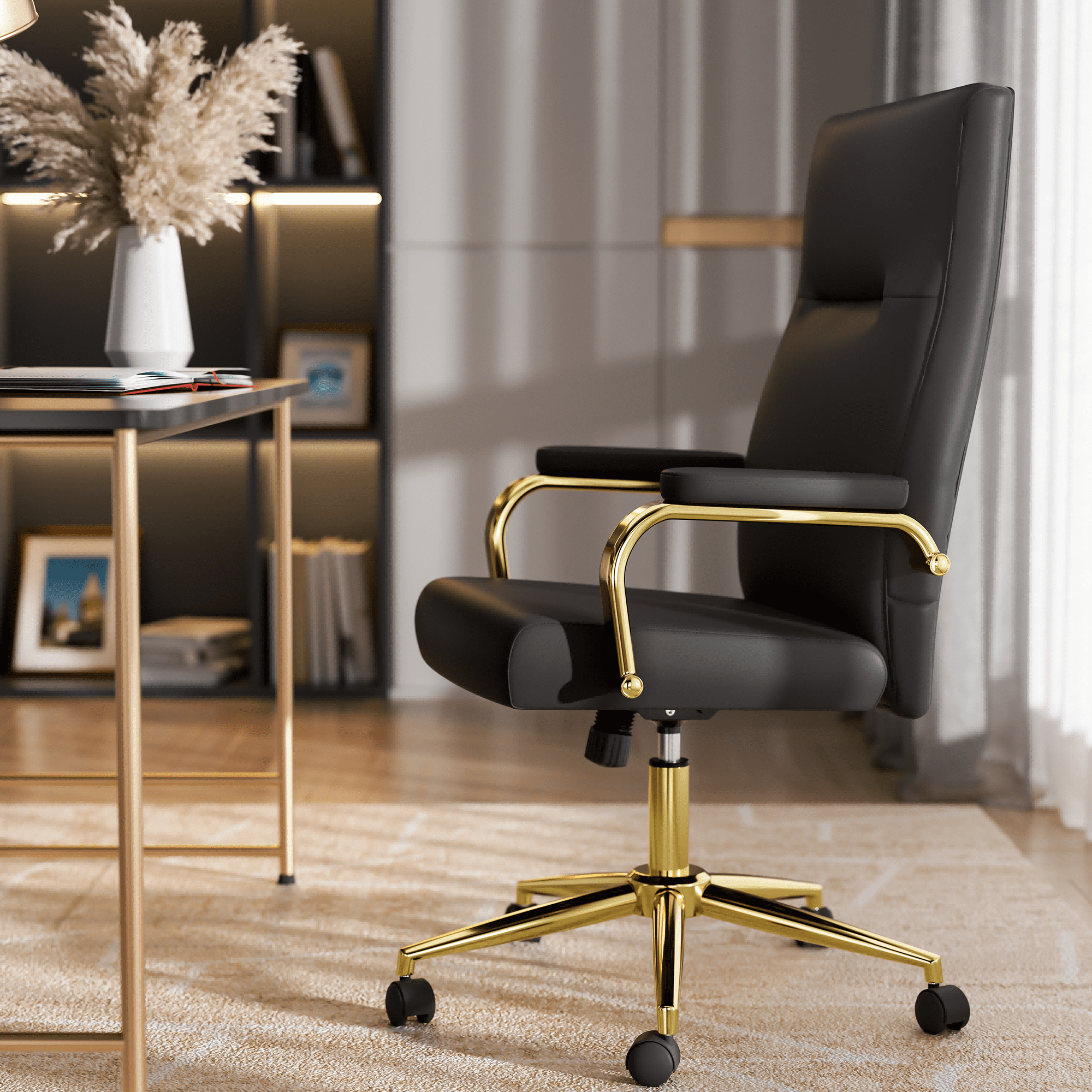 HomeZeer Black and Gold Office Chair, Swivel High Back Executive Office Chair with Wheels and Arms, Memory Foam Leather Adjustable Height Computer Desk Chairs for Home Office