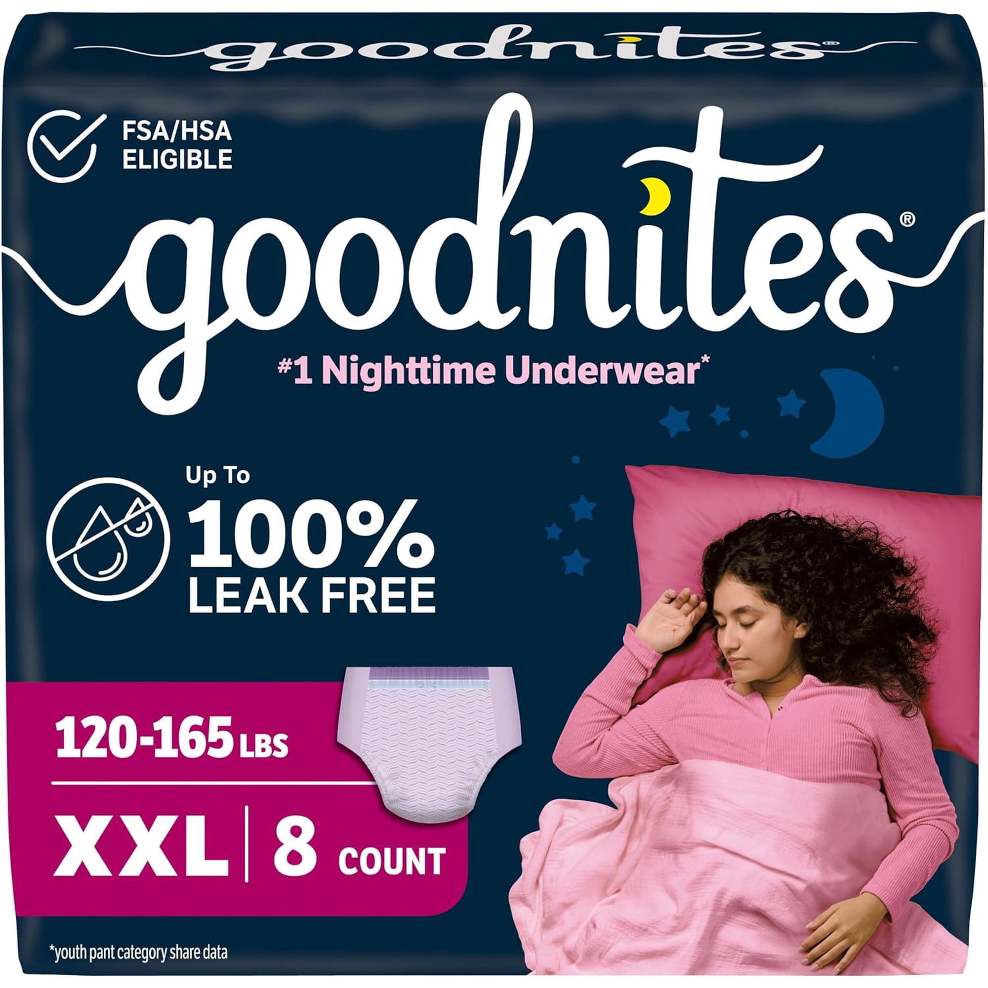 Goodnites Girls' Nighttime Underwear, Size XXL (120-165 lbs), 8 Ct, Packaging May Vary