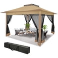 thumbnail image 5 of COBIZI 12x12 Outdoor Gazebo Pop-up Gazebo Canopy with Mosquito Netting Patio Tent Backyard Canopy with 2-Tiered Vented Top 3 Adjustable Height, Brown, 5 of 17