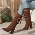 thumbnail image 4 of Bnwani Women Boots Winter Fashion Pointed Toe High-Heel Thick Chunky High Mid-Calf Knee-High Strap Casual Solid Boot Brown Size 8.5, 4 of 6