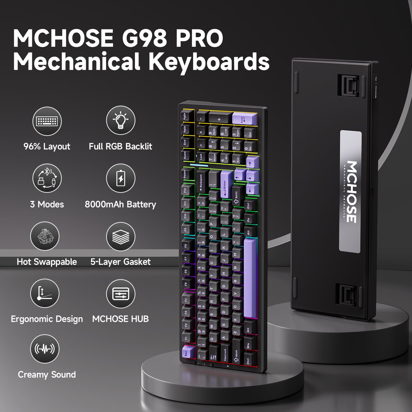 MCHOSE G98 Pro Wireless Mechanical Keyboard, Bluetooth 5.0/2.4GHz/USB-C Hot Swappable Custom Keyboard, Gasket Structure, Double Shot PBT Keycaps, RGB Backlit Gaming Keyboard