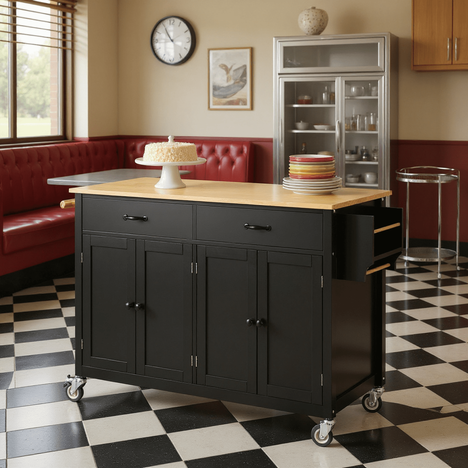 Homy Casa Kitchen Serving Cart with Storage, Large Drawer, Wood Top & Wheels, Mobile Kitchen Island