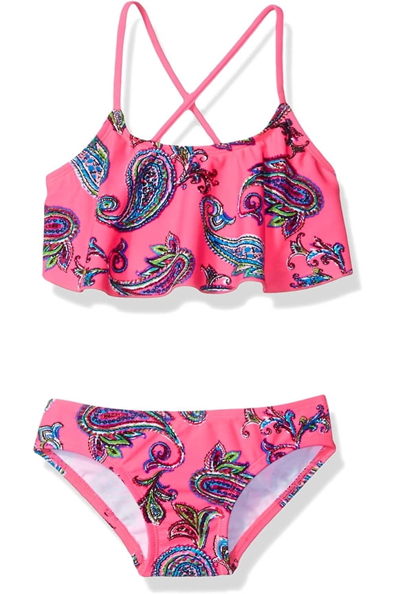 Girls' Alania Flounce Bikini Beach Sport 2 Piece Swimsuit 7 Heather Pink Paisley