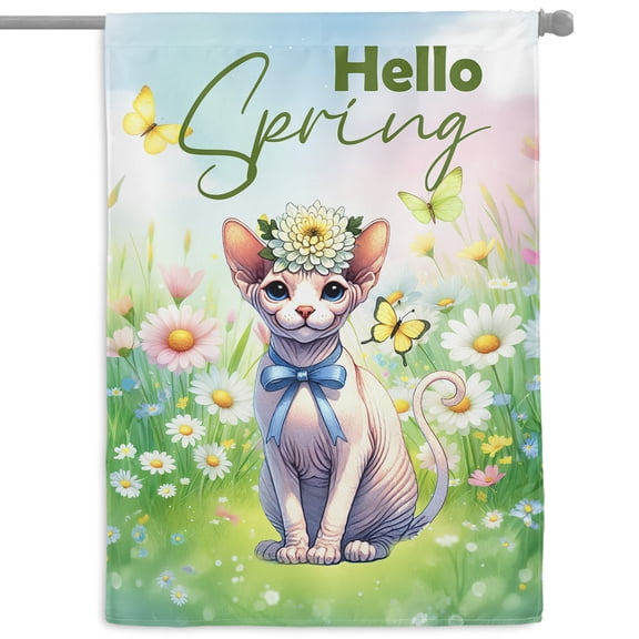 Sphynx Hello Spring Time Flower Floral Nature House Flag 28x40in Double Sided Cat Lover Kitten Owner Gifts Idea Outdoor Decor - 02031