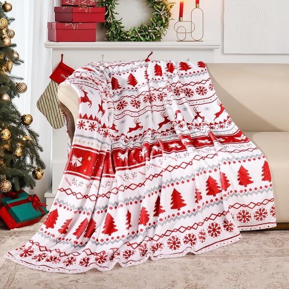 Christmas Holiday Theme Blanket Snowflake Reindeer Striped Bed Blanket Super Soft Flannel Fleece Blanket Cozy Fuzzy Plush Throw Blanket for Couch Xmas “60 x 80”