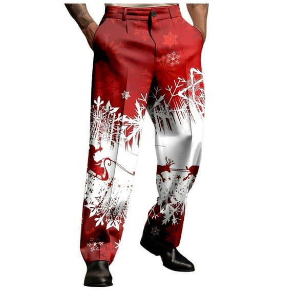 Male Merry Christmas Day Suit Trousers Holiday Printed Casual Novel Button Pants