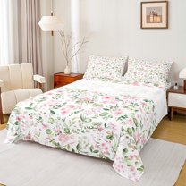 Manfei Cute Cartoon Flower Queen Sheet Sets,Natural Botanical Floral Flat Sheet,Green White Pink Queen Fitted Sheet For Adults,Microfiber Bedroom Decor,4 Pieces