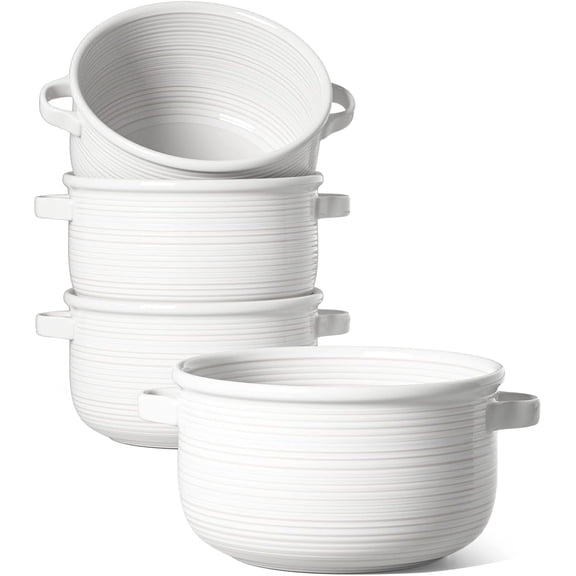 LE TAUCI 28 OZ Ceramic Soup Bowls with Handles, French Onion Soup Bowls for Soup,Stackable Serving Bowls, Oven Microwave Dishwasher Safe, Set of 4, White