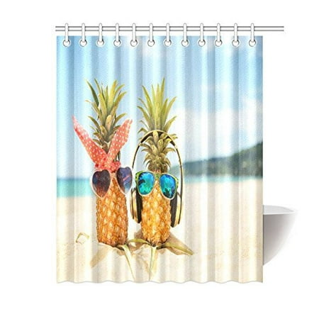 MYPOP Honeymoon Summer Beach of Tropical Island Decor, Funny Pineapples Wearing Sunglasses on the Beach Sand Fabric Bathroom Set with Hooks, 60 X 72 Inches Long, Blue Green Yellow