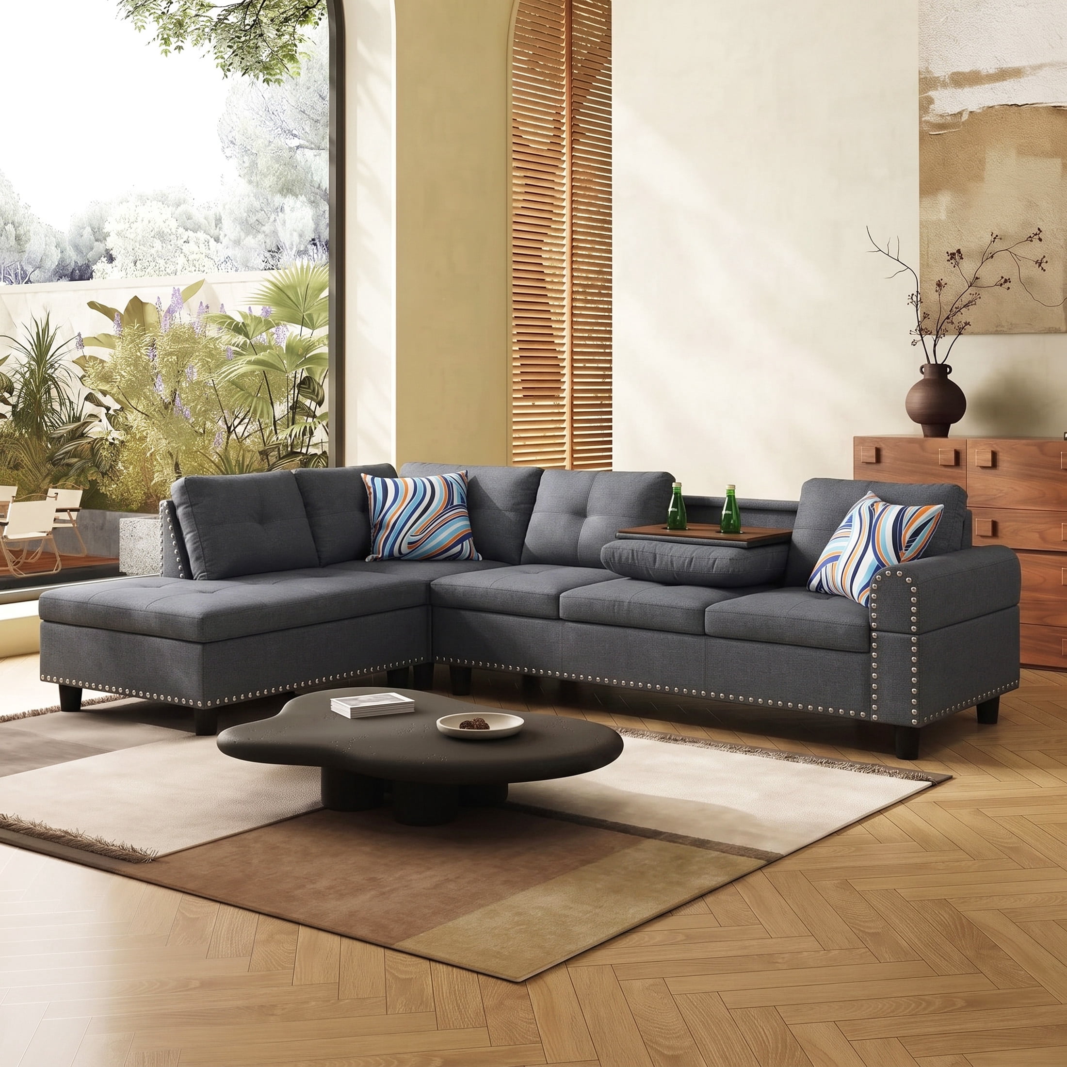 AENKYO 98" L-Shaped Sectional Sofa with Reversible Chaise and Cup Holders, Linen, Dark Gray