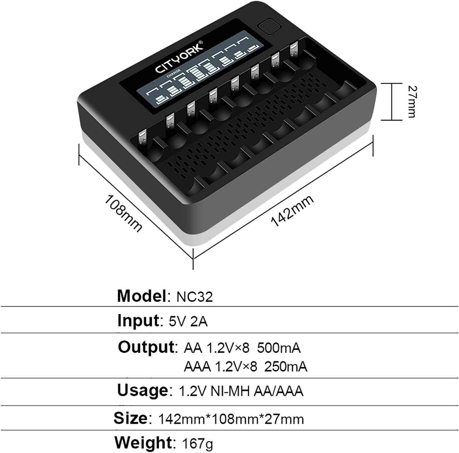 8 Bay AA AAA Smart LCD Independent Slot Battery Charger for High Capacity Low Self Discharge 1.2v Ni-MH Batteries