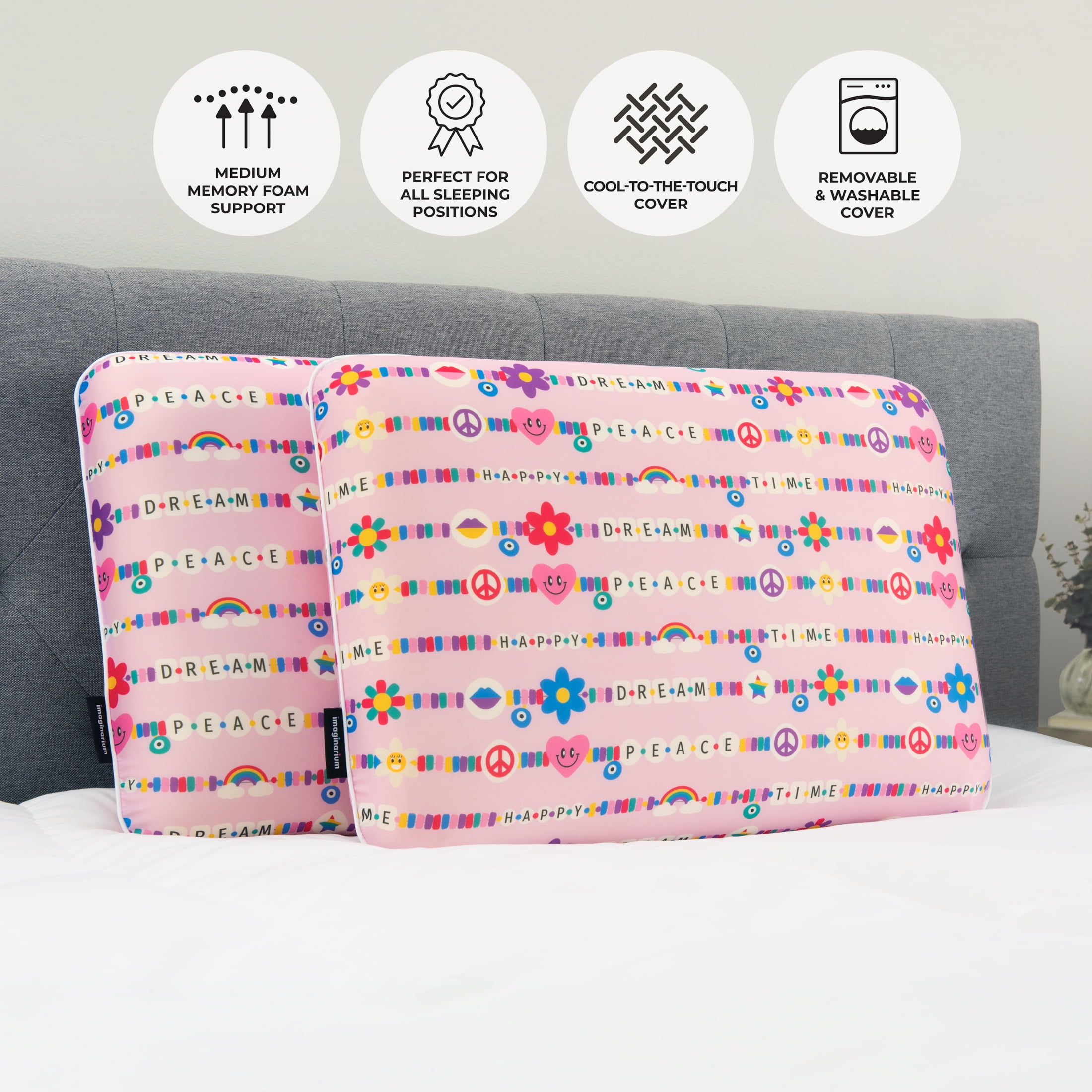 Memory Foam Fun Pillow with Cool-to-The-Touch Cover, Standard/Queen, Pink Friendship Bracelet 2 Pack