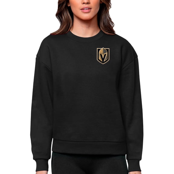 Women's Antigua Black Vegas Golden Knights Primary Logo Victory Crewneck Pullover Sweatshirt
