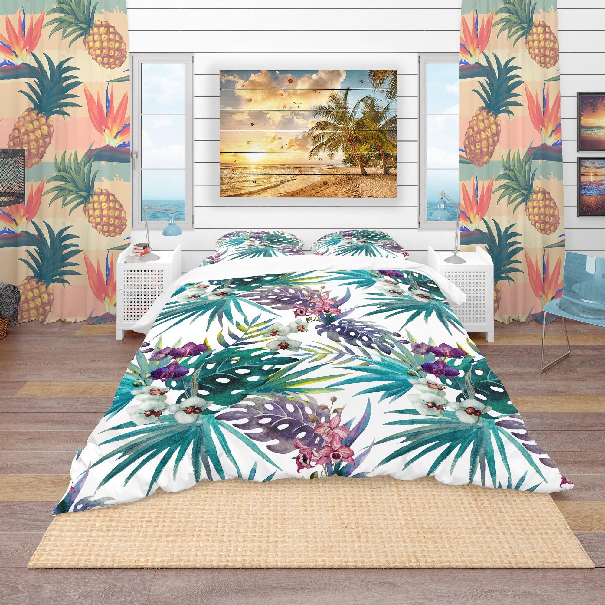 Designart 'Pattern Orchid Hibiscus Leaves Watercolor Tropics' Tropical Duvet Cover Set