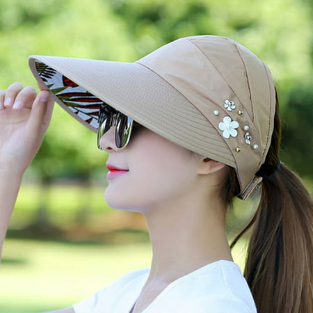 Women Ponytail Summer Hat Pearl Flowers Sunshade Hat Wide Large Brim ...