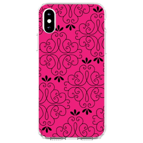 DistinctInk Clear Shockproof Hybrid Case for iPhone XR (6.1" Screen) - TPU Bumper, Acrylic Back, Tempered Glass Screen Protector - Neon Pink Black Floral Pattern