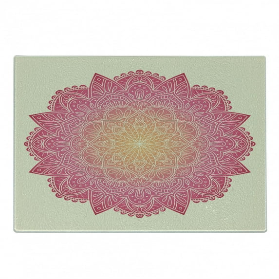 Pink Mandala Cutting Board, Vibrant Universe Tribal Awakening Healing Pattern, Decorative Tempered Glass Cutting and Serving Board, in 3 Sizes, by Ambesonne