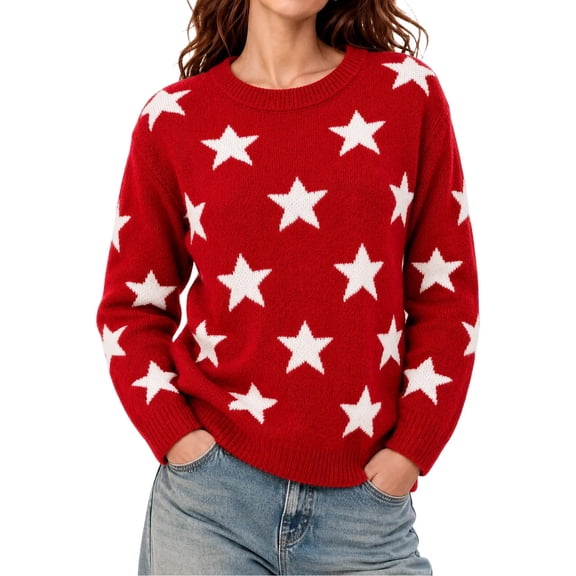NominalSnug Knit Tops for Women Long Sleeve Shirts Crew Neck Star Print Casual Pullover Sweaters