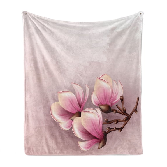 Magnolia Soft Flannel Fleece Blanket, Fragile Petals of Magnolia Flower Bloom on Brush Stroked Background, Cozy Plush for Indoor and Outdoor Use, 70" x 90", Pink Baby Pink and Brown, by Ambesonne